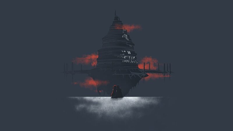 Two Figures Before Tower