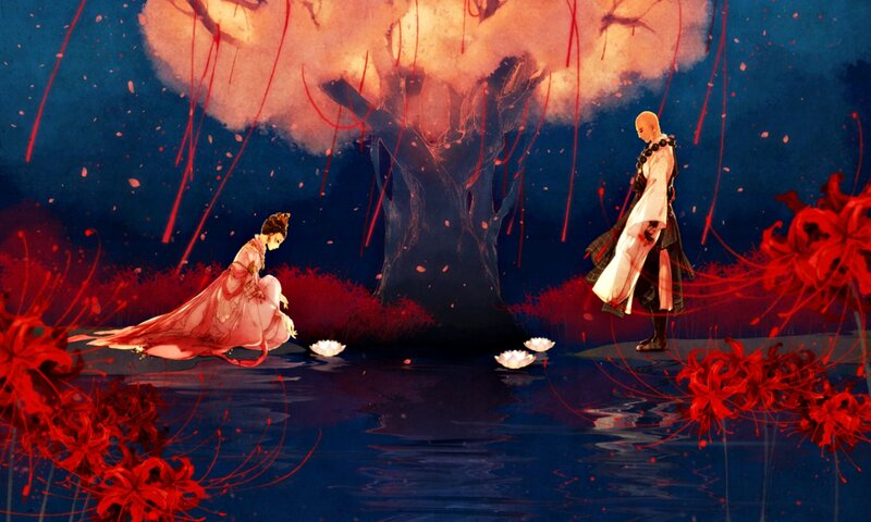 Two Figures by a Lake — Blue, Dramatic
