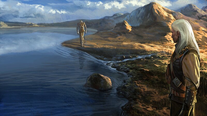 two figures by a lake