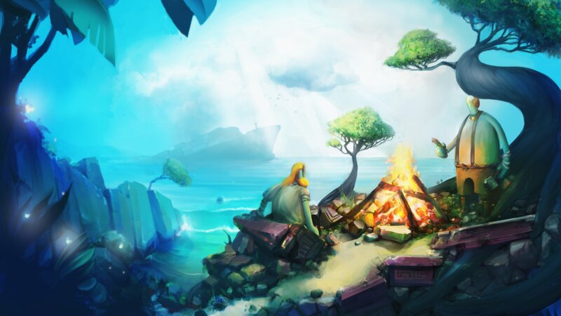 Two Figures by Campfire — Blue, Serene