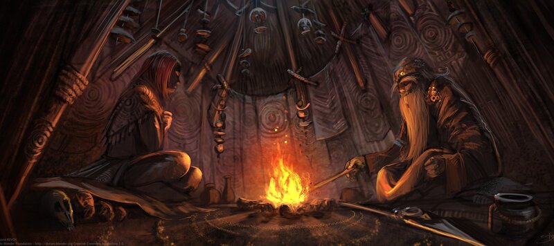 Two Figures by Fire