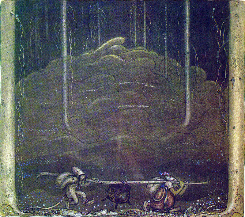 Two figures carrying a cauldron