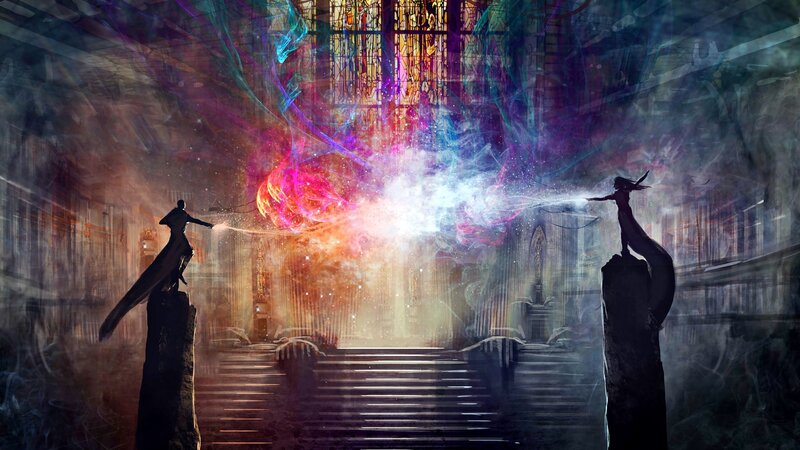 Two Figures Casting Spells — Purple, Dramatic, Digital Art, Magic
