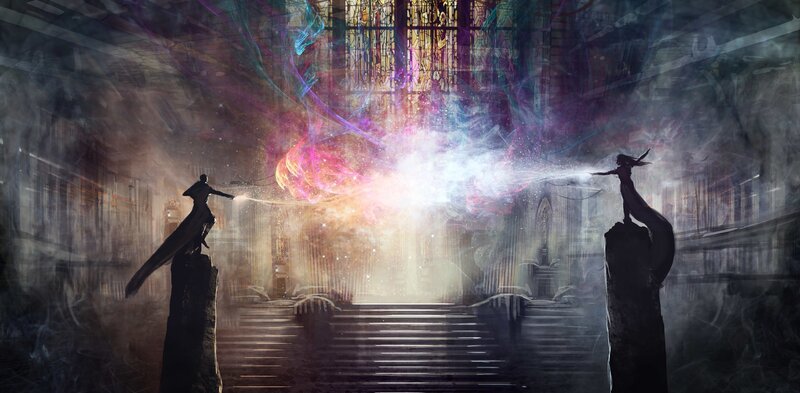 Two Figures Casting Spells — Purple, Dramatic, Digital Art