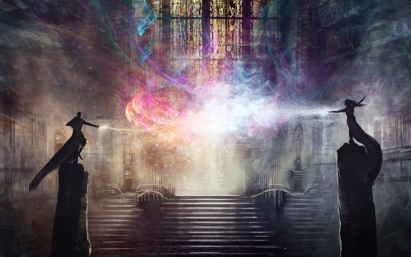 Two Figures Casting Spells — Purple