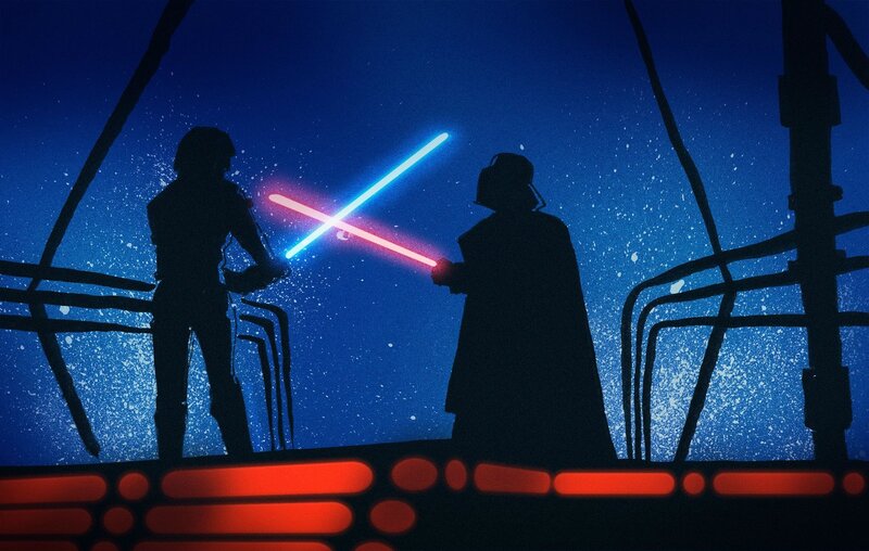 Two Figures Dueling — Blue, Dramatic