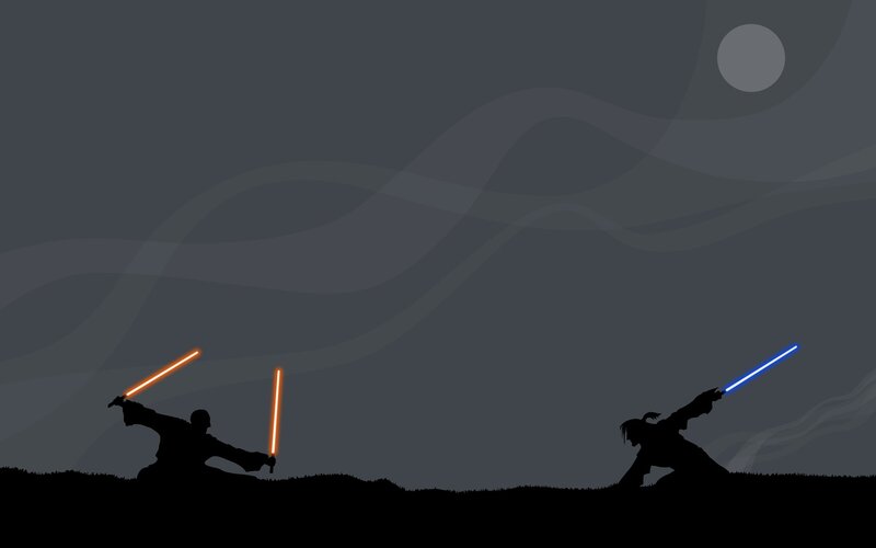 Two Figures Dueling with Lightsabers — Black, Dramatic, Night