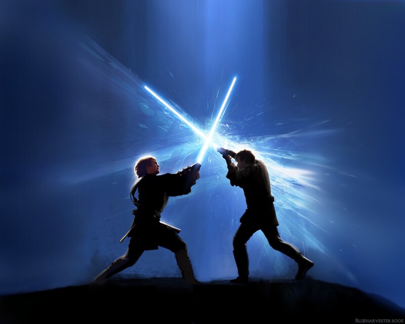 Two Figures Dueling with Lightsabers — Blue, Dramatic, Digital Art