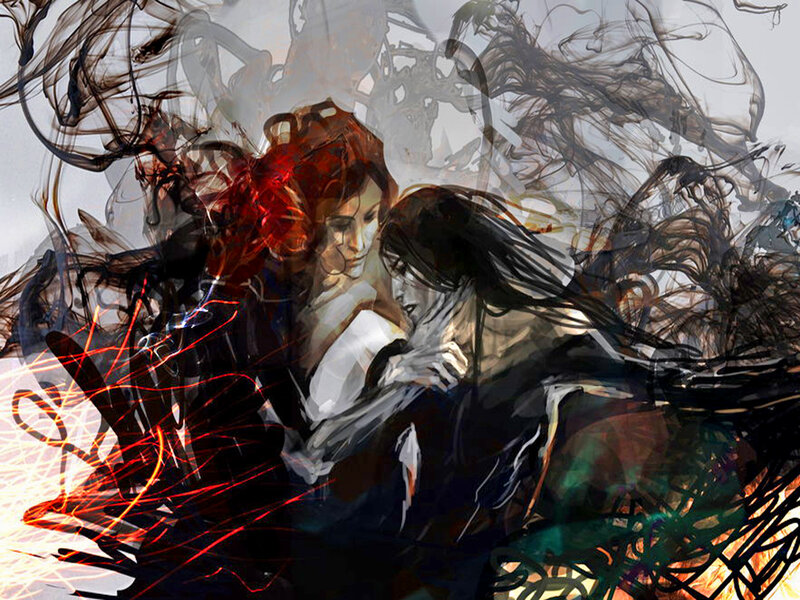 Two Figures Embracing — Black, Dramatic, Digital Art