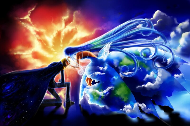 Two Figures Embracing — Blue, Dramatic, Digital Art