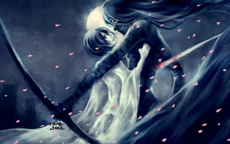 Two Figures Embracing — Blue, Dramatic, Night, Digital Art, Cherry Blossoms, Sword