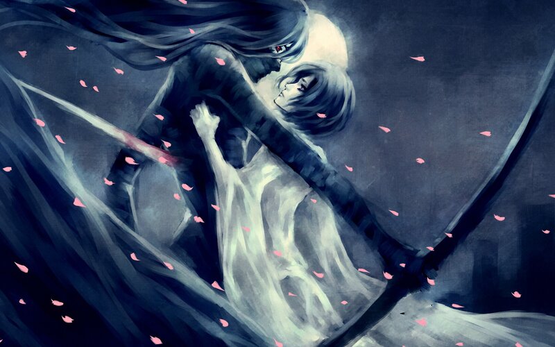 Two Figures Embracing — Blue, Dramatic, Night, Digital Art, Cherry Blossoms