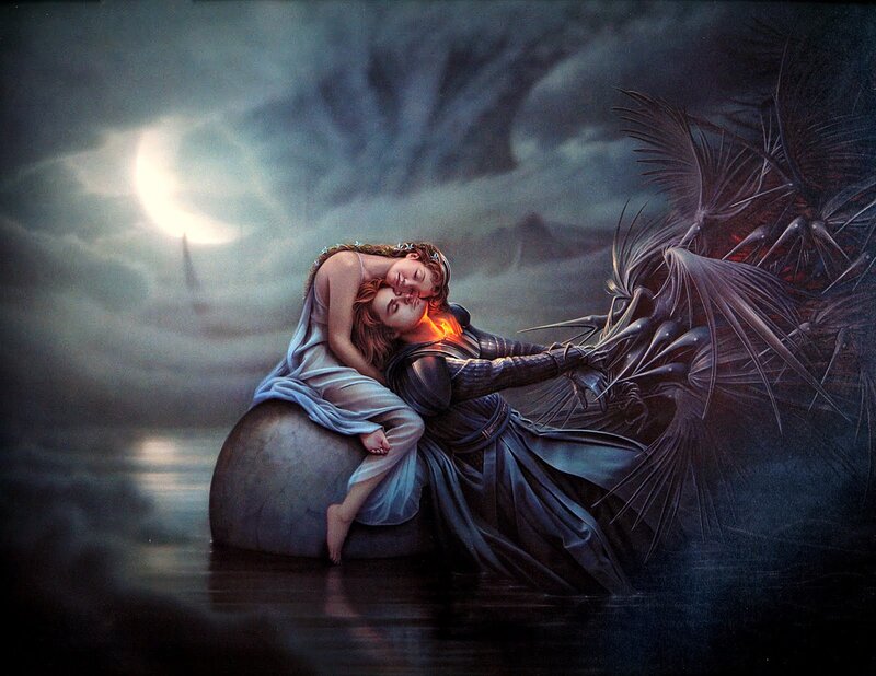 Two Figures Embracing — Blue, Dramatic, Night, Digital Art, Moon