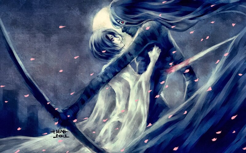 Two Figures Embracing — Blue, Dramatic, Night, Digital Art, Sword