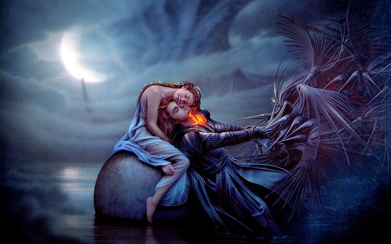 Two Figures Embracing — Blue, Dramatic, Night, Digital Art