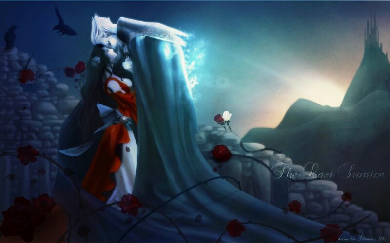 Two Figures Embracing — Blue, Dramatic, Sunset