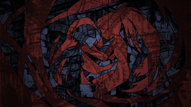 Two Figures Embracing — Red, Dramatic, Manga