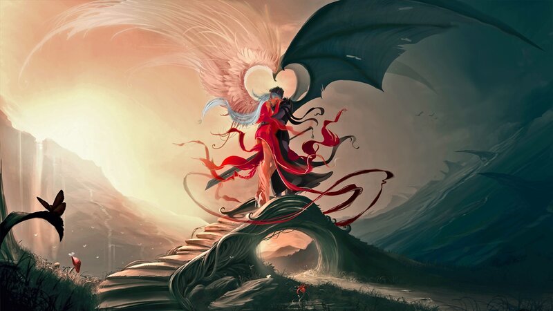 Two Figures Embracing — Red, Dramatic, Sunset