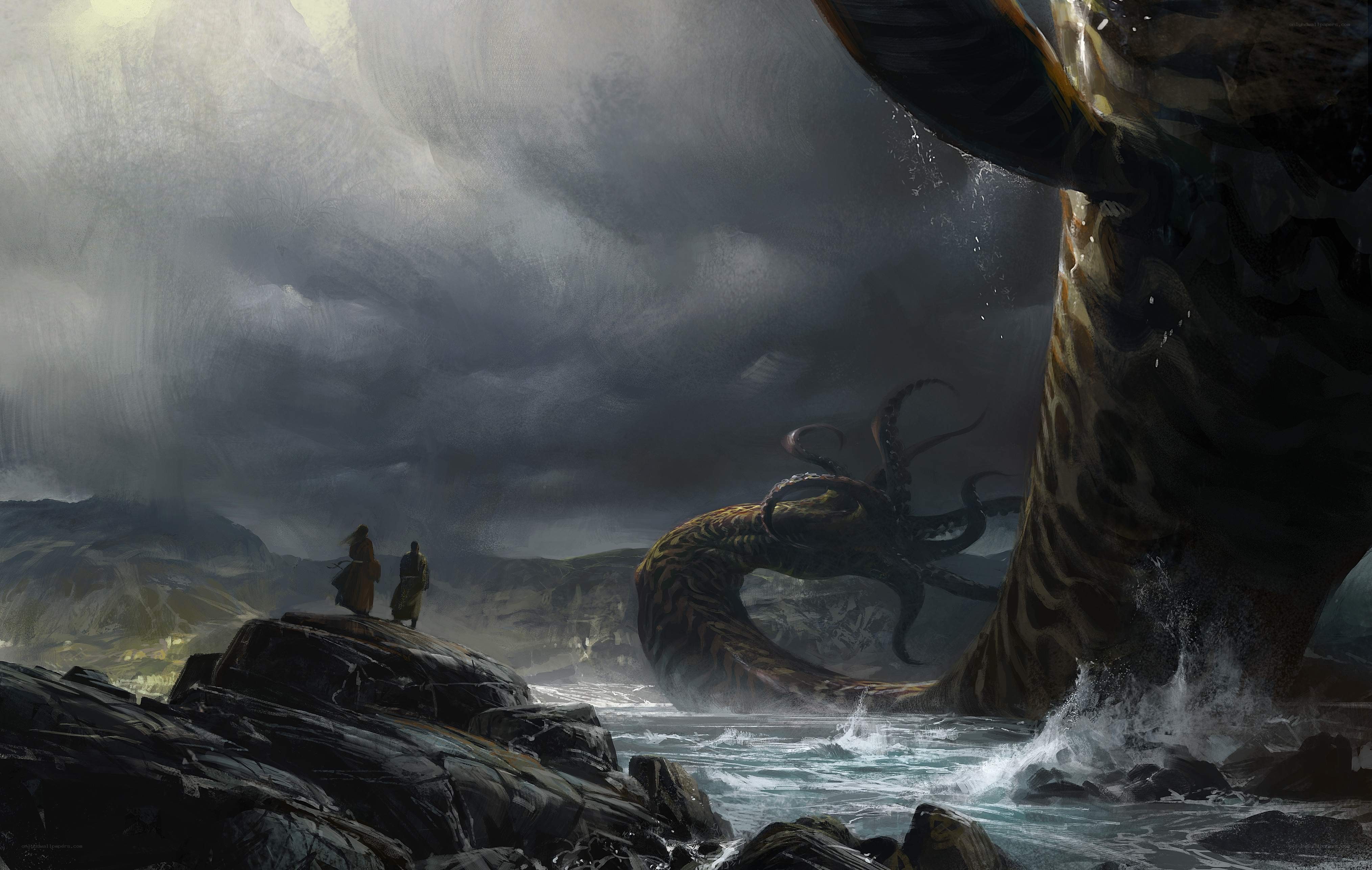 Two figures face a giant sea monster