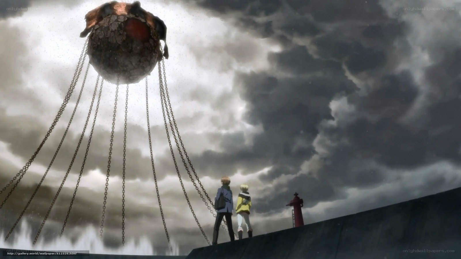 two figures face giant floating sphere