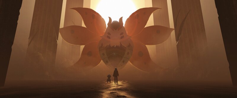 Two Figures Facing a Giant Creature