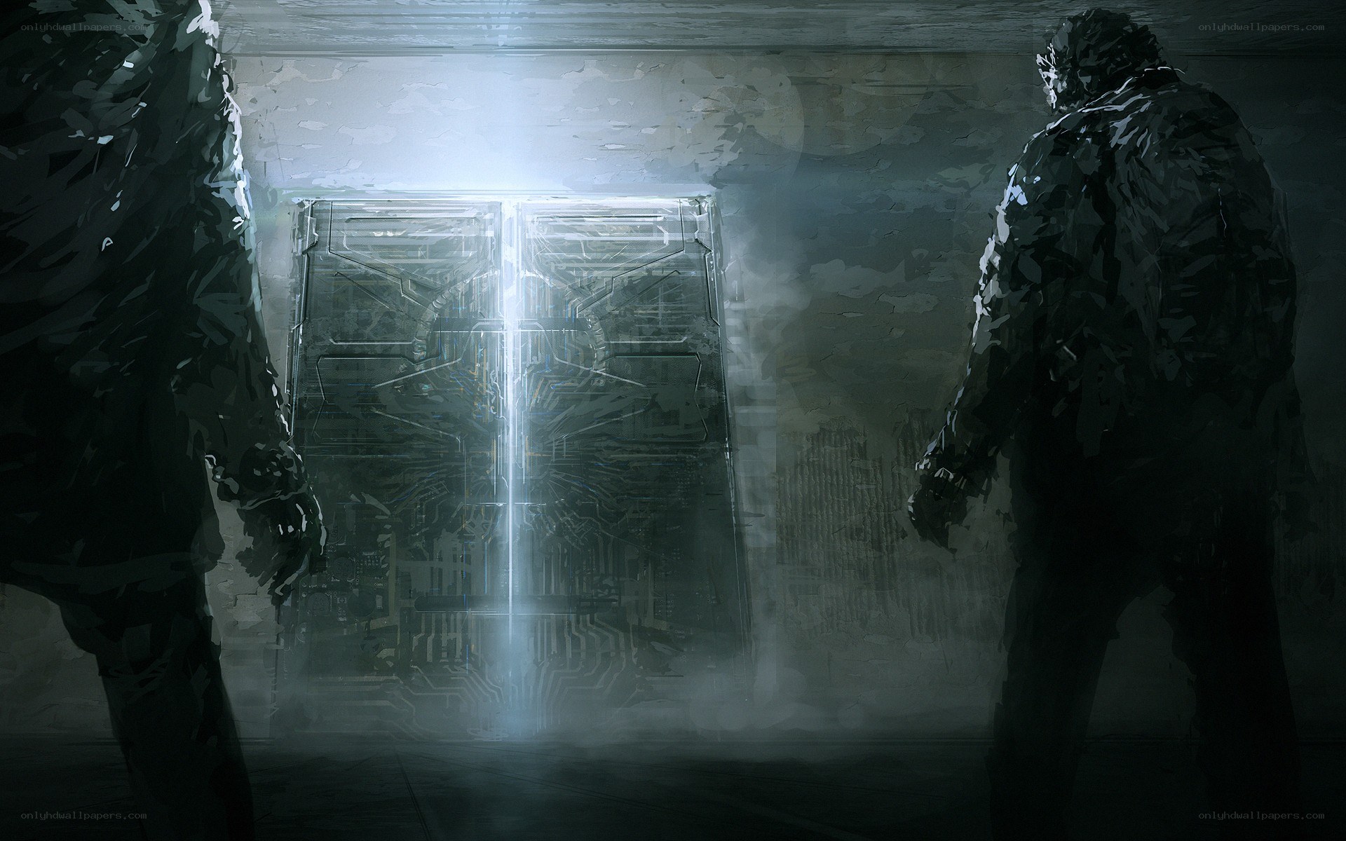 two figures facing a glowing door
