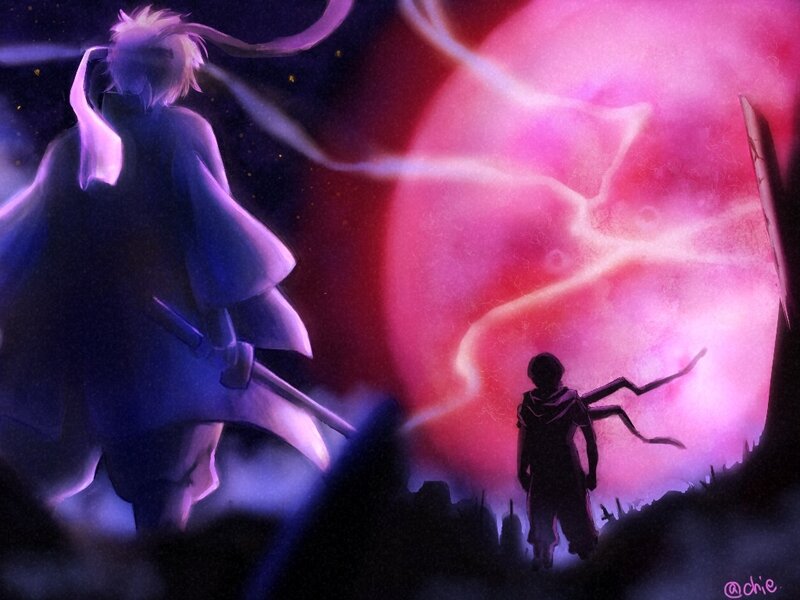 Two Figures Facing a Red Moon