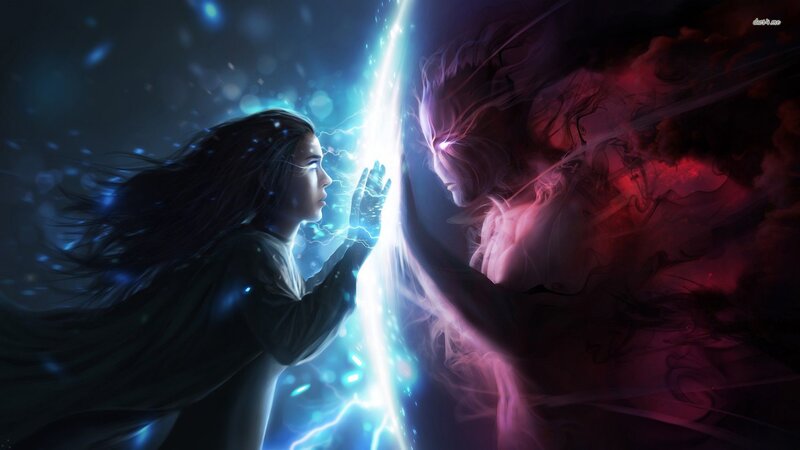 Two Figures Facing Each Other — Blue, Dramatic, Digital Art