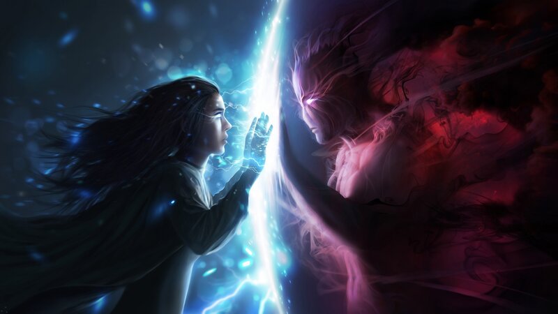 Two Figures Facing Each Other — Blue, Dramatic, Night, Digital Art