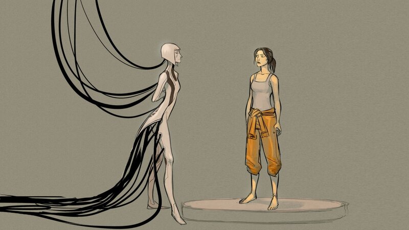 Two Figures Facing Each Other — Gray, Dramatic, Digital Art, Woman