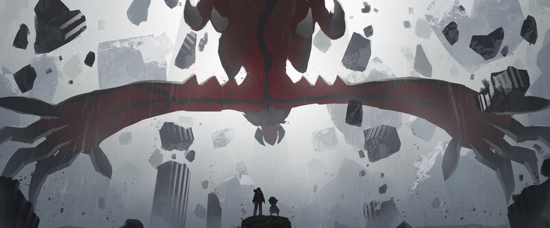 Two Figures Facing Giant Monster — Red