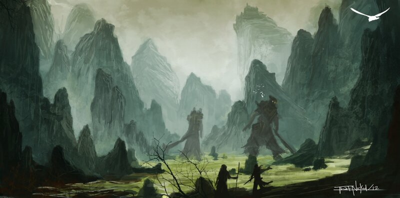 Two Figures Facing Giants