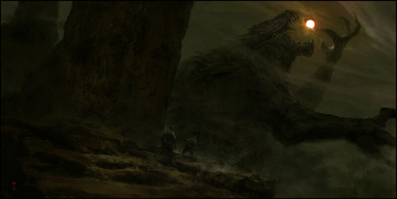 Two Figures Facing Monster