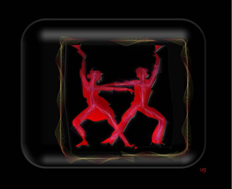 Two Figures Fighting — Red
