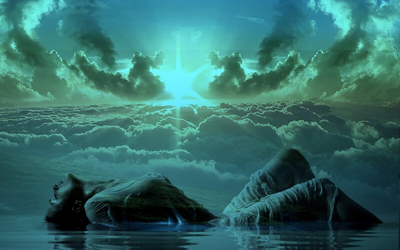 Two figures floating in water