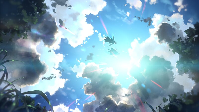Two Figures Flying in Sky — Blue, Serene