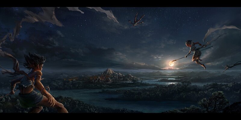 Two Figures Flying over City