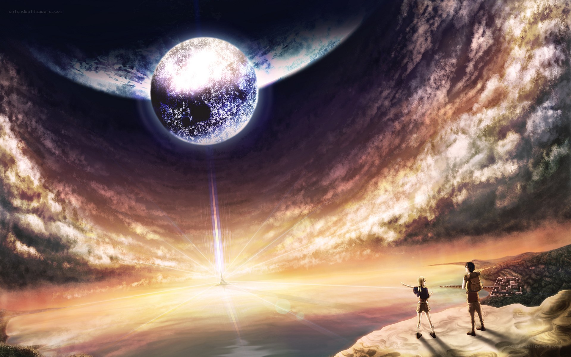 Two figures gaze at a celestial event
