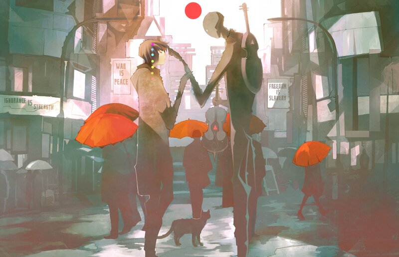 Two Figures Holding Hands — Red, Dramatic