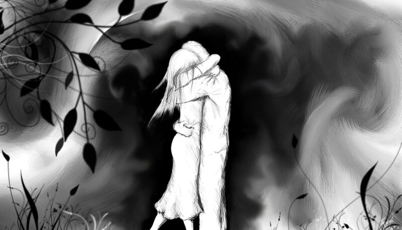 Two Figures Hugging — Black, Dramatic, Digital Art