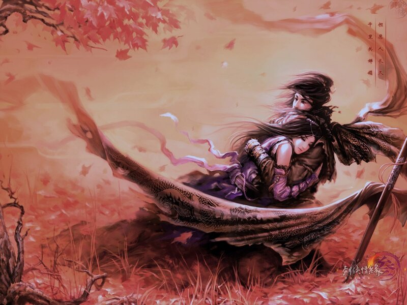 Two Figures in a Boat — Red, Dramatic, Autumn