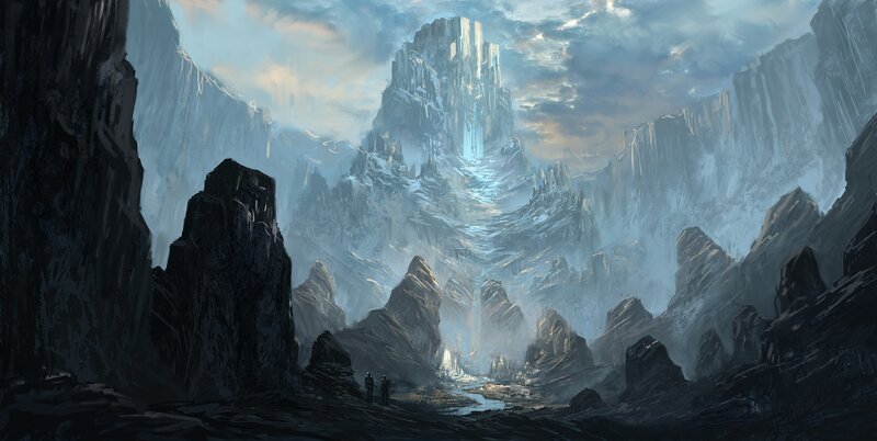 Two Figures in a Canyon — Gray, Dramatic, Digital Art, Mountains