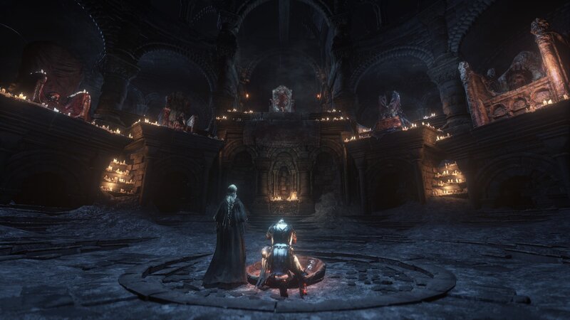 Two Figures in a Cathedral — Black, Dark, Solemn
