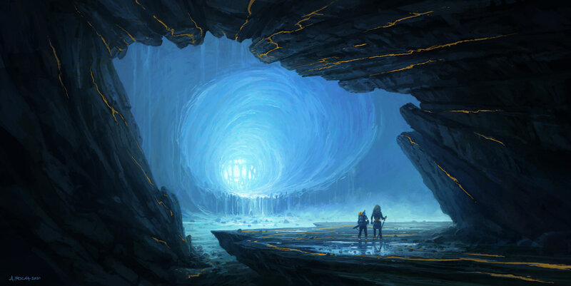 Two Figures in a Cave — Blue, Dramatic, Digital Art
