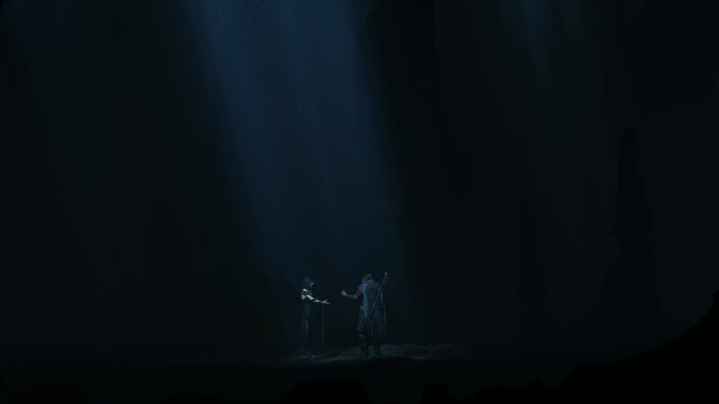 Two Figures in a Cave — Blue, Dramatic, Night, 3d Render, Light Beams