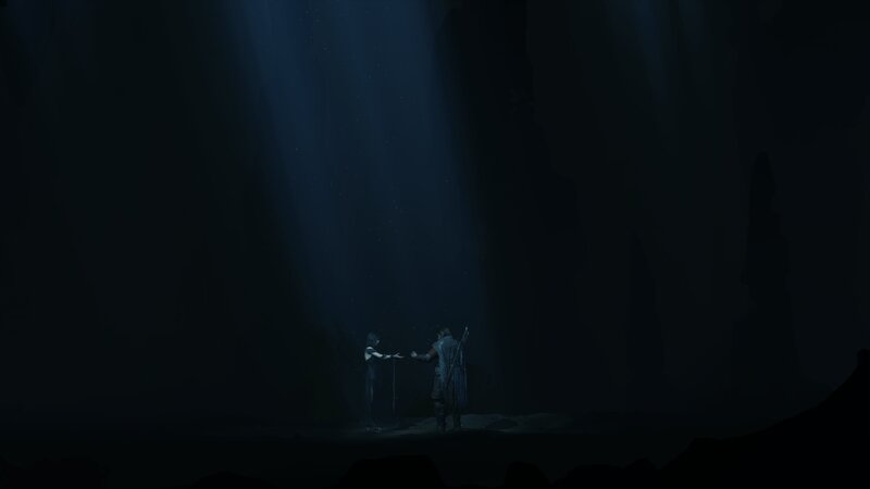 Two Figures in a Cave — Blue, Dramatic, Night, 3d Render
