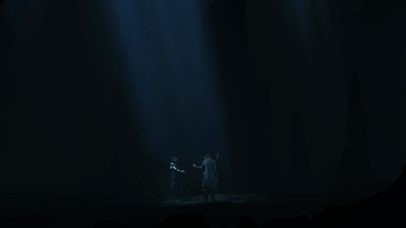 Two Figures in a Cave — Blue, Dramatic, Night