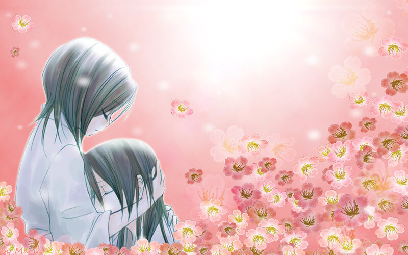 Two figures in a cherry blossom garden