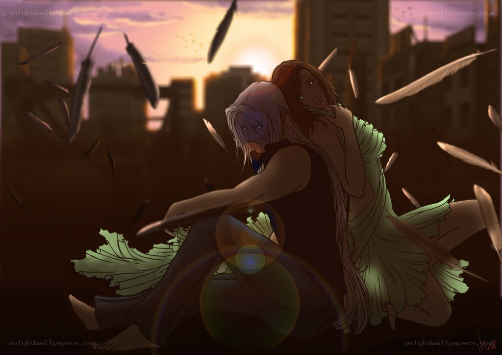 Two figures in a city at sunset