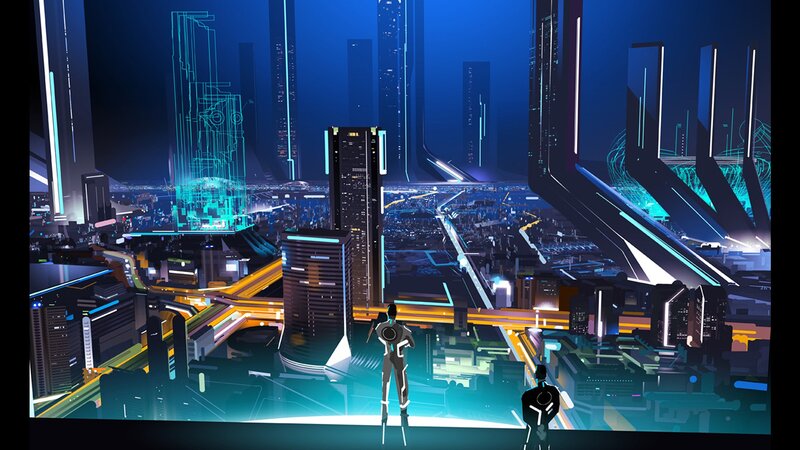 Two Figures in a City — Blue, Dramatic, Night, Digital Art, Futuristic City